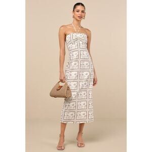 Lulus Asiya Beige Stamp Print Halter Midi Dress - Size S